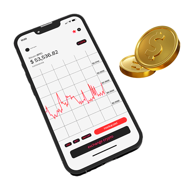 Prime Trade mobile app with BTC chart and floating coins